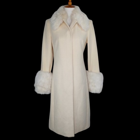 Express Wool Coat Size 5/6 Ivory Faux Fur Collar Cuffs Dressy Penny Lane Vintage - Picture 1 of 16